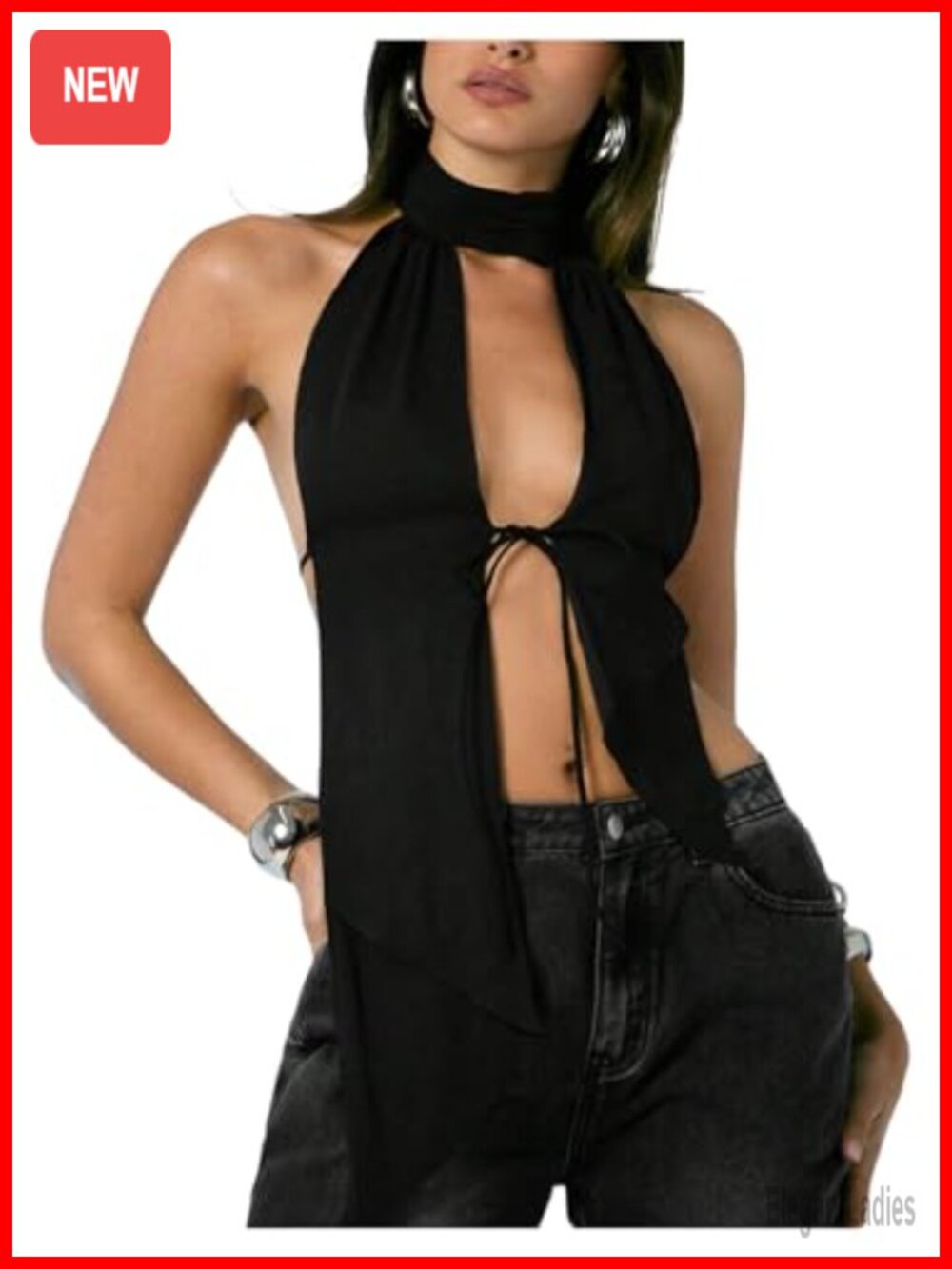 Women's Mesh Halter Open Back High Neck Sleeveless Tie Front Going Out Top